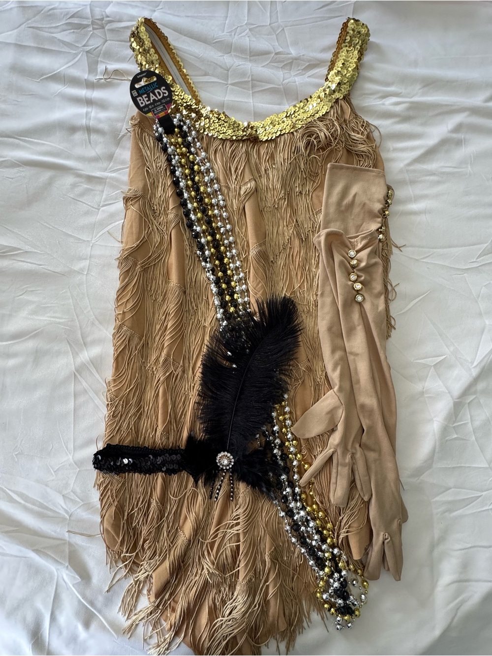 Flapper Costume Women’s Standard Size Sequin Fringe Dress Gloves Headpiece Beads